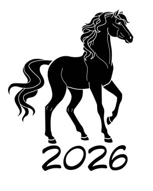 At hayvan sembolü 2026 - logo, pictogram veya stencil için vektör siluet görüntü. Kısrak, şablon ve yazıt 2026 için zarif bir hayvan yetiştirdi.