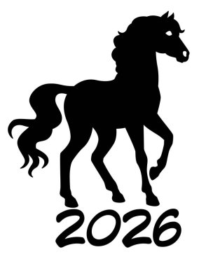 At hayvan sembolü 2026 - logo, pictogram veya stencil için vektör siluet görüntü. Kısrak, şablon ve yazıt 2026 için zarif bir hayvan yetiştirdi.