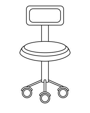 Tekerlekli bir öğrenci için yumuşak sandalye, mobilya - boyama için vektör doğrusal resim. Özet geç. Ofis koltuğu, okula geri dön.