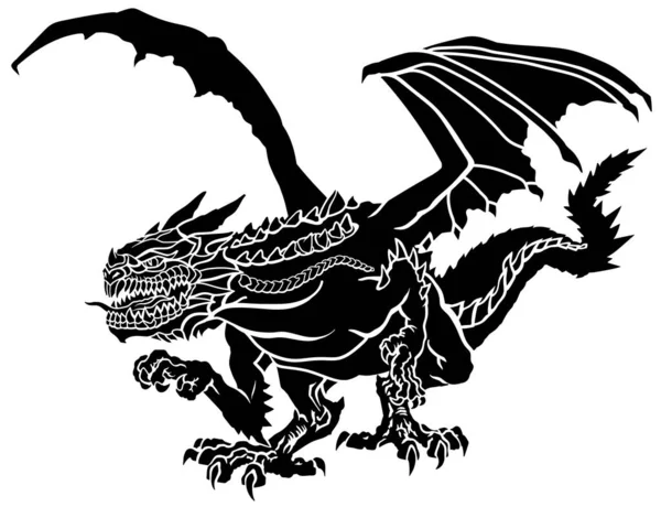 西洋ドラゴンのシルエット オープンバットタイプの翼を持つ古典的なヨーロッパの神話の生き物 ポーズを攻撃する積極的な神秘的な動物 正面図 黒と白のグラフィックスタイルの絶縁ベクトルイラスト — ストックベクタ