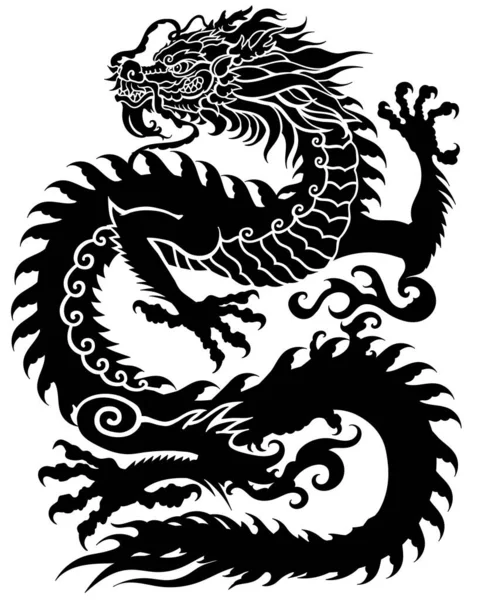 Silueta Dragón Chino Criatura Mitológica Tradicional Asia Oriental Tattoo Celestial — Archivo Imágenes Vectoriales