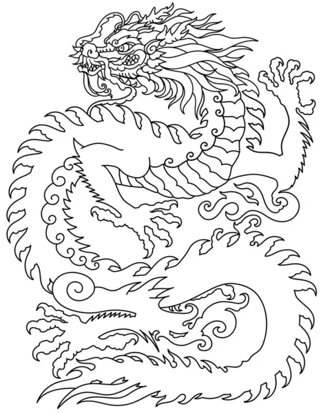 中国龙的轮廓 东亚的传统神话生物 风水动物 侧视图 图形线形矢量插画 — 图库矢量图片