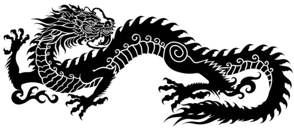 Силуэт китайского дракона. Традиционное мифологическое существо Восточной Азии. Татуировка. Небесное животное фен-шуй. Вид сбоку. Графическая векторная иллюстрация стиля