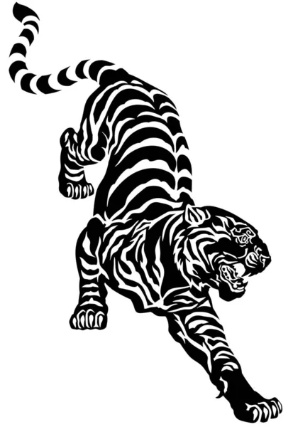 Agresywny Tygrys Schodzi Sylwetka Wielkiego Kota Czarno Biały Tatuaż Ilustracja — Wektor stockowy