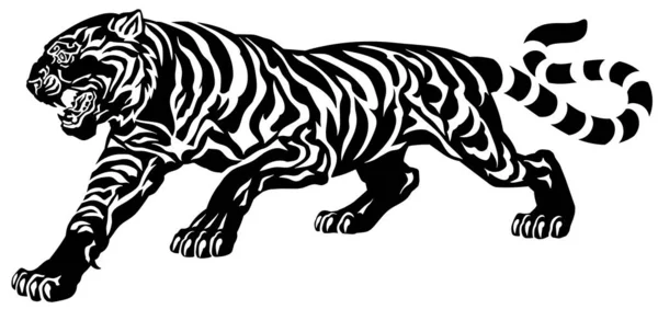 Silueta Raya Tigre Gran Gato Agresivo Vista Lateral Ilustración Vectorial — Vector de stock