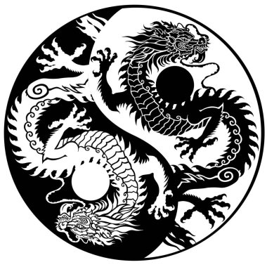 Yin yang sembolündeki siyah ve beyaz ejderha siluetleri. Doğu Asya 'nın geleneksel mitolojik yaratığı. Dövme. Göksel feng shui hayvanı. Yan görüş. Grafiksel biçim vektör illüstrasyonu