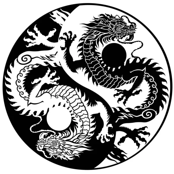 陰陽のシンボルに黒と白の龍のシルエット 東アジアの伝統的な神話上の生き物 入れ墨天体風水動物 サイドビュー グラフィックスタイルベクトルイラスト — ストックベクタ