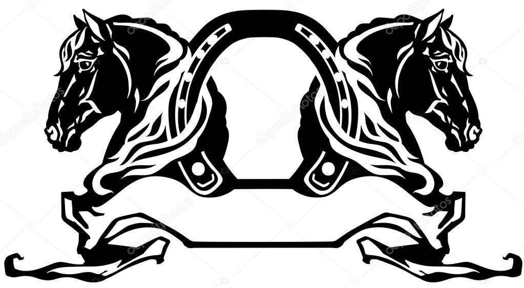 Two heads of horses in profile. Silhouette. Logo, banner, emblem with horseshoe and ribbon scroll. Black and white side view vector