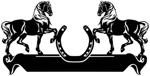 Две Лошади Профиль Силуэт Логотип Баннер Эмблема Подковою Свиток Ленты — стоковый вектор