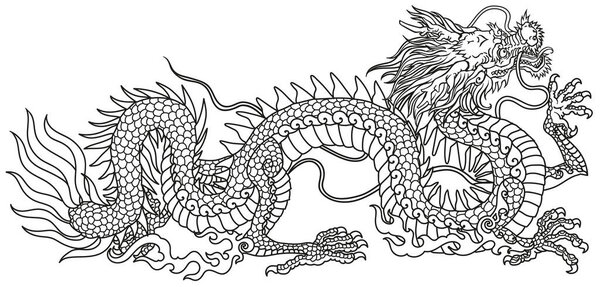Китайский или восточный дракон. Традиционное мифологическое существо Восточной Азии. Татуировка. Небесное животное фен-шуй. Вид сбоку. Графическая линейная векторная иллюстрация