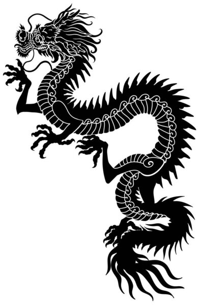Силуэт китайского дракона. Традиционное мифологическое существо Восточной Азии. Татуировка. Небесное животное фен-шуй. Вид сбоку. Графическая векторная иллюстрация стиля