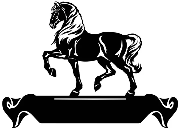 粗壮的战马的轮廓 标志与彩带滚动 黑白侧视矢量 — 图库矢量图片