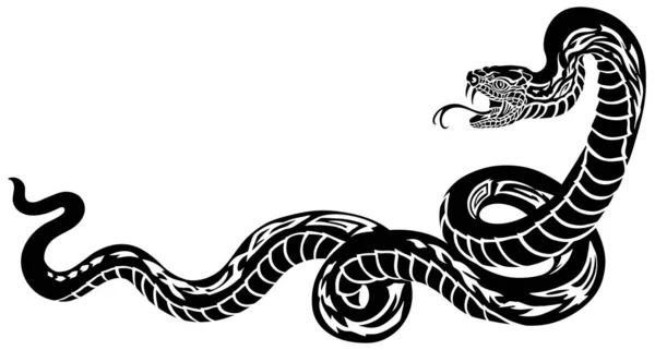 毒蛇处于防御位置 攻击姿势 黑白纹身风格矢量插图 — 图库矢量图片