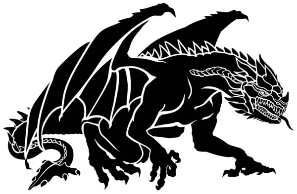 Western Dragon Black Silhouette Classic European Mythological Creature Bat Type — Stock Vector