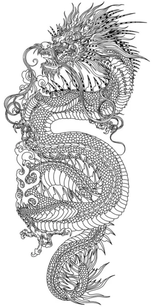垂直位置に中国や東アジアの龍 左側に向かって頭を向けて歯を食いしばる蛇のような体は 中央の焦点付近でエレガントにコイル状になっています 白の背景に隔離された伝統的なタトゥースタイルのベクトルイラスト — ストックベクタ