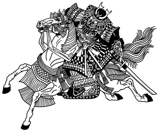 Guerreiro Cavalaria Asiática Cavaleiro Samurai Japonês Sentado Cavalo Usando Armadura — Vetor de Stock
