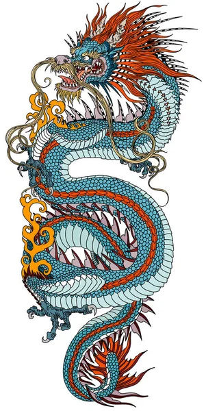 中国蓝龙或蓝龙在垂直位置 头像头面向左边 咬牙切齿 像蛇的身体 优雅地盘绕着一个中心焦点 白色背景下孤立的传统纹身风格矢量图解 — 图库矢量图片