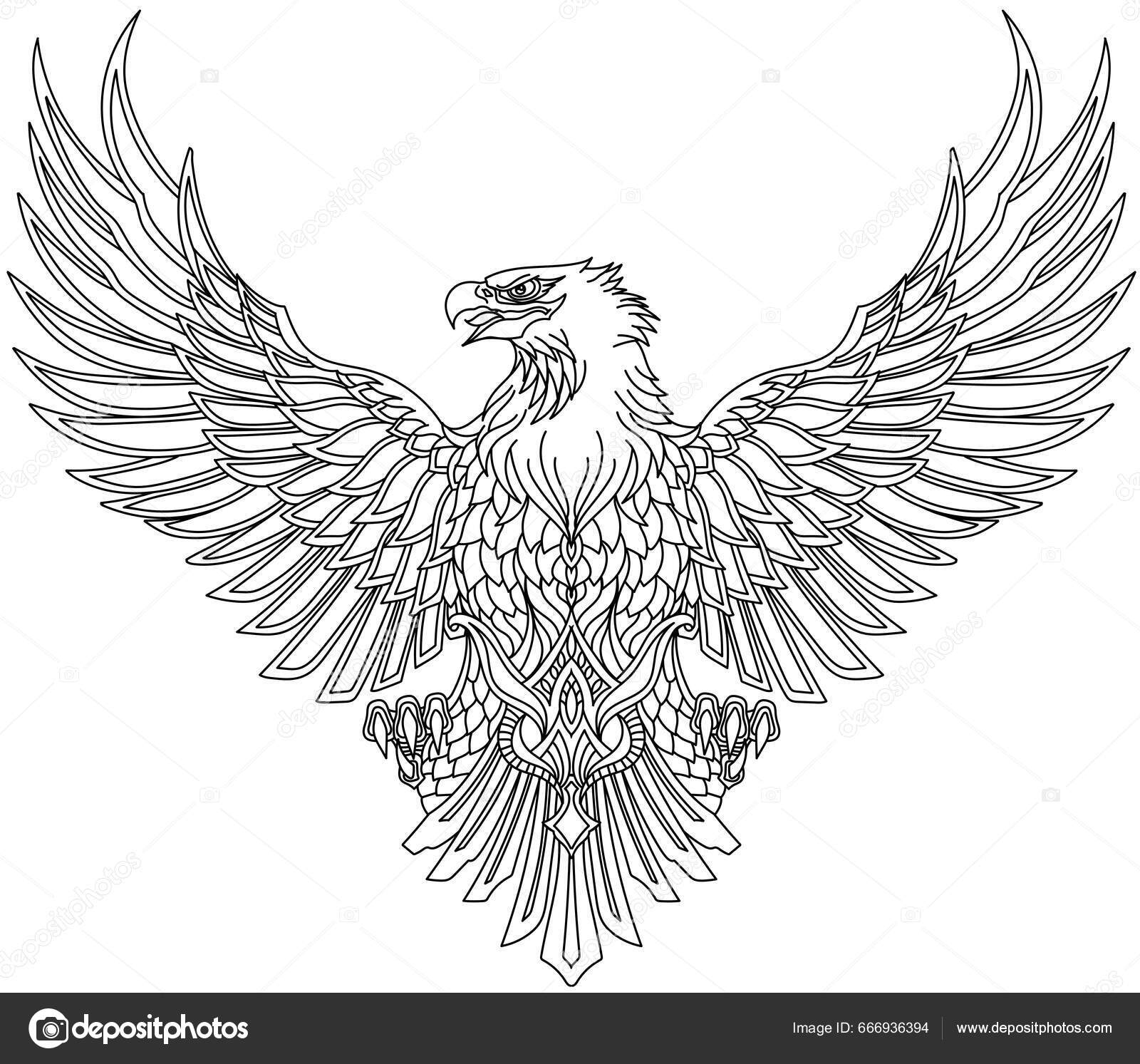 Image vectorielle Aigle Avec Ailes Écartées Tête Tournée Profil Tatouage  Contour Traditionnel par ©insima - 666936394, image size:1600x1493
