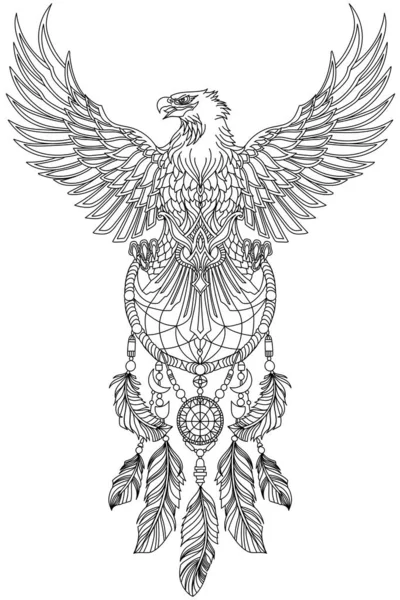 Орёл Расправленными Крыльями Держащий Индейского Ловца Снов Голова Повернута Профиль — стоковый вектор