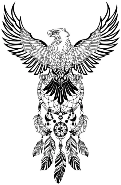 Adler Mit Gespreizten Flügeln Und Einem Einheimischen Indischen Traumfänger Kopf lizenzfreie Stockvektoren