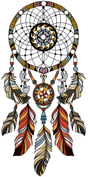 ドリームキャッチャー 伝統的なインディアン シンボル タトゥー 白い背景で孤立した垂直 グラフィックスタイルのベクターイラスト — ストックベクタ