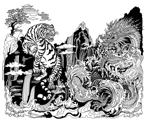 亚洲龙与白虎在瀑布处相遇 天上的风水动物 神话中的生物互相面对 被水波包围着 中国的风景 以图形形式表示的矢量图解 矢量图形