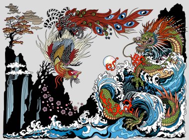 Dragon ve Feng Huang ya da Çin anka kuşu bir inciyle oynarken ya da kovalarken resmedilmiştir. Şelale dalgaları ve sakura çiçekleri olan bir manzara. Feng shui teması. Dikey oryantasyon. Vektör illüstrasyonu