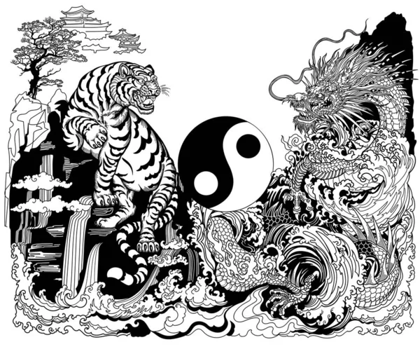 Китайський Дракон Білий Тигр Зустрічаються Водоспаді Небесні Фен Шуйські Тварини Векторна Графіка