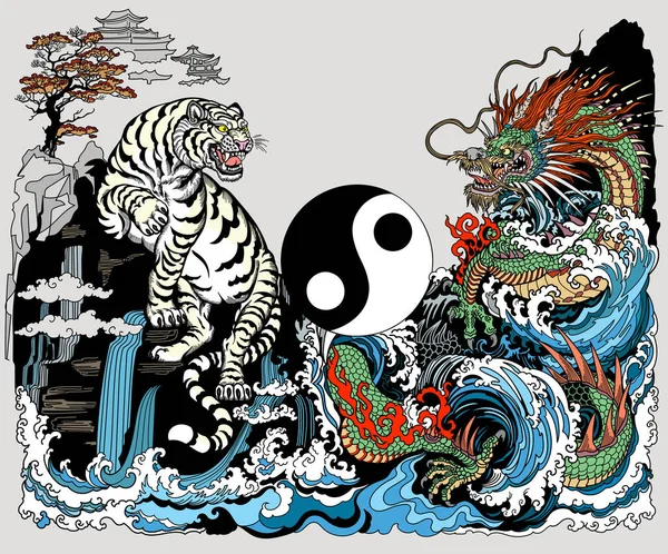 Chinesischer Grüner Drache Und Weißer Tiger Begegnen Sich Wasserfall Himmlische Vektorgrafiken