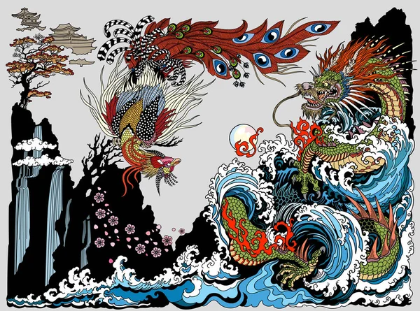 凤或中国凤凰被描绘成在玩或追逐珍珠 风景与瀑布波和樱花花 风水主题 垂直方向 矢量说明 矢量图形