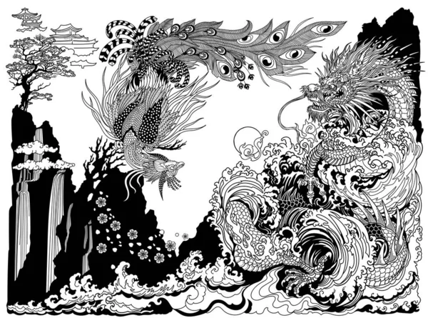 凤或中国凤凰被描绘成在玩或追逐珍珠 风景与瀑布波和樱花花 风水主题 垂直方向 黑白矢量图解 免版税图库插图
