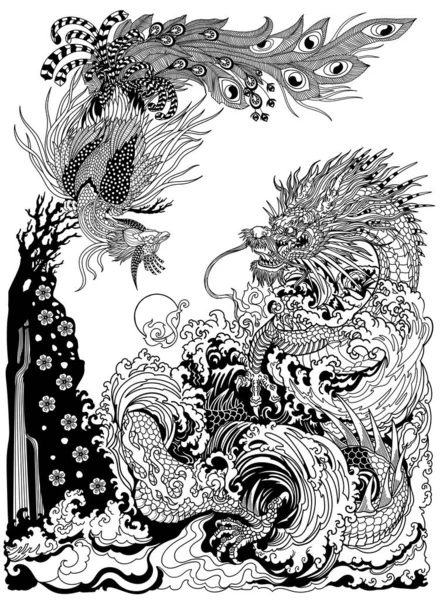 凤或中国凤凰被描绘成在玩或追逐珍珠 风景与瀑布波和樱花花 风水主题 垂直方向 黑白矢量图解 图库矢量图片