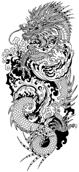 Chinese Dragon Water Waves Head Facing Left Side Baring Its — Stockvector