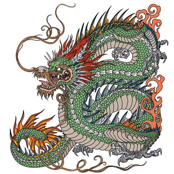 Dragón Verde Chino Oriental Criatura Mitológica Tradicional Asia Oriental Tattoo — Vector de stock