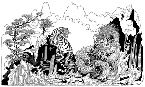 亚洲龙与白虎在瀑布处相遇 天上的风水动物 神话中的生物互相面对 被水波包围着 中国的风景 图式黑白矢量图解 图库插图