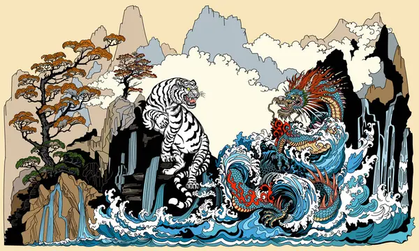 蓝龙与白虎在瀑布处相遇 天上的风水动物 神话中的生物互相面对 被水波包围着 中国的风景 以图形形式表示的矢量图解 免版税图库矢量图片