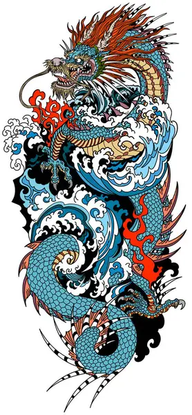 中国蓝色或蓝色的龙和水波 头像头面向左边 咬牙切齿 像蛇的身体 优雅地盘绕着一个中心焦点 传统纹身风格矢量插图 垂直方向 免版税图库矢量图片