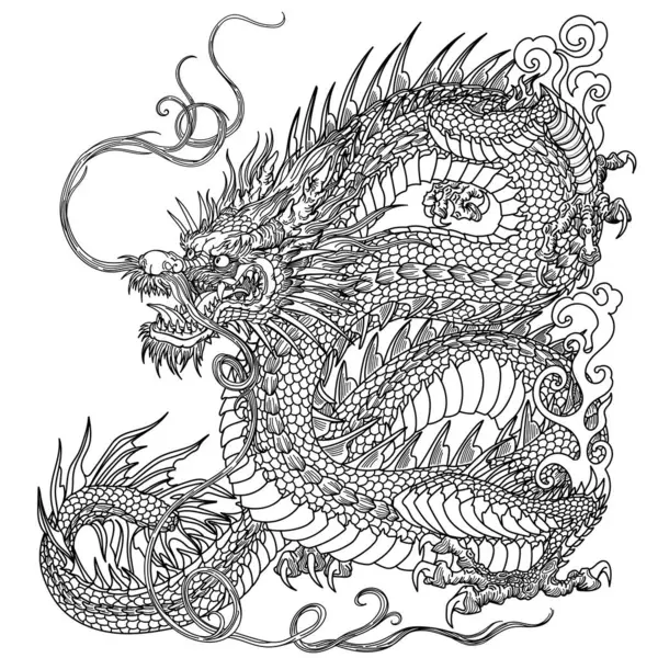 中国龙或东方龙 东亚的传统神话生物 鞑靼人天上的风水动物 侧视图 黑人和白人 图形风格孤立的矢量插图 图库矢量图片