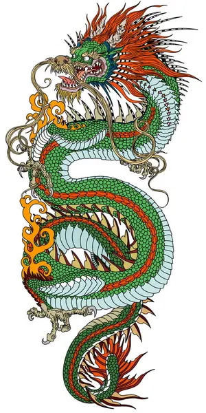 中国绿龙在垂直的位置 头像头面向左边 咬牙切齿 像蛇的身体 优雅地盘绕着一个中心焦点 白色背景下孤立的传统纹身风格矢量图解 图库插图