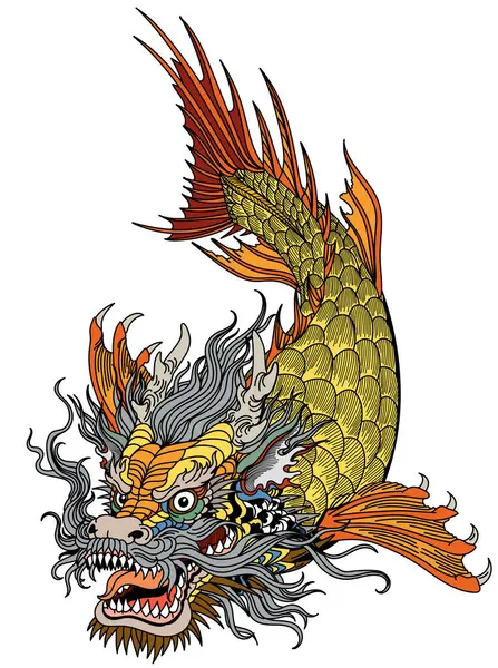 Poisson Carpe Koï Mythologique Tête Dragon Nageant Vers Bas Créature Vecteurs De Stock Libres De Droits