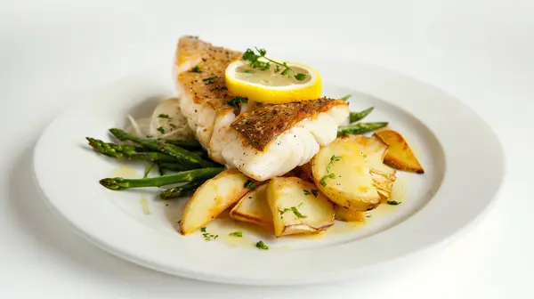 Delicious fish dish with roasted potatoes! A succulent fillet of fresh fish, carefully seasoned and grilled to perfection, served with crispy and aromatic roast potatoes.