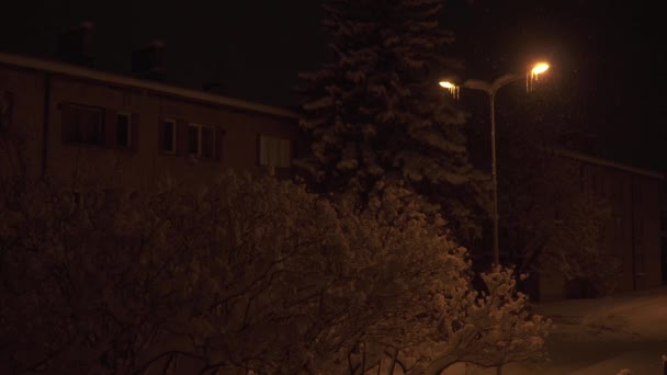 Karlı Kışın Ortasında Bir Kasabada Gece Şehirde Kar Yağışı Zamanında — Stok video
