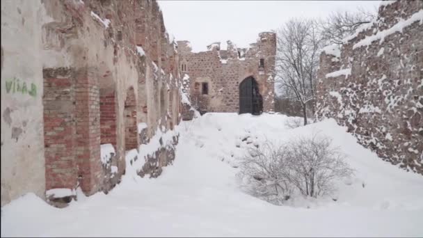 冬日多贝尔城堡的废墟 在这个中世纪文化古迹的领土上 古老的石墙在运动中被拍摄下来 并且可以近距离看到 — 图库视频影像