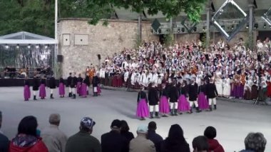 Dobele, Letonya - 27 Mayıs 2023. Genç dansçılar XXVII Ülke çapında Letonya Şarkısı ve XVII Dans Festivali öncesi konserlerinde dans ediyorlar. Letonyalı halk korolarının geleneksel dansları (ses).