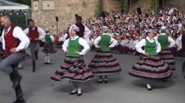 Dobele, Letonya - 27 Mayıs 2023. Geleneksel halk dansları XXVII Ülke çapında Letonya Şarkısı ve XVII Dans Festivali öncesi konserlerinde yapılır. Çiftler halinde halk dansçıları yakın planda dans ediyor.)