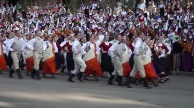 Dobele, Letonya - 27 Mayıs 2023. Neşeli dansçılar, ulusal çapta düzenlenen Letonya Şarkısı ve XVII Dans Festivali öncesi bir halk dansında seyirciyi selamlıyor..