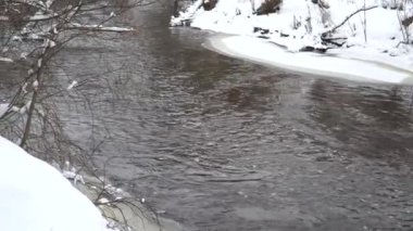 Nehir karlı vahşi vadide akar: Kışın soğuk ve kar yağarken durgun bir su akıntısı olan ormanlık çevre manzarası.