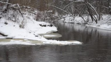 Orman nehri kışın akar. Sakin bir nehrin arka planında kar yağışı olan kış manzarası, vahşi ormanlık bir ortamda zemin karla kaplı..