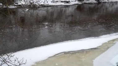 Rüzgarlı vahşi doğa: sakin bir nehrin kışın titreyen akıntısına bakan panoramik manzara. Ormanlık bir çevrede buzla kaplı ve karla kaplı kıyılar..