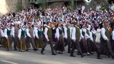 Dobele, Letonya - 27 Mayıs 2023. XXVII Ulusal Letonya Şarkısı ve XVII Dans Festivali 'nin katılımcıları konser öncesi sahneyi ciddi bir şekilde geçtiler..